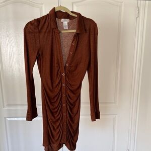 l*space Rust Brown Long-Sleeve Ruched Button-Front Dress